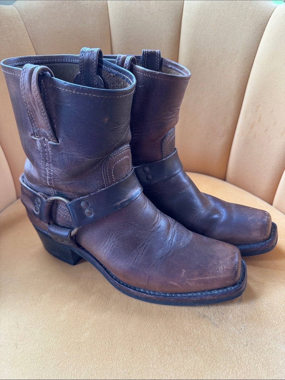 Frye Brown Leather Harness Cowboy Boots
